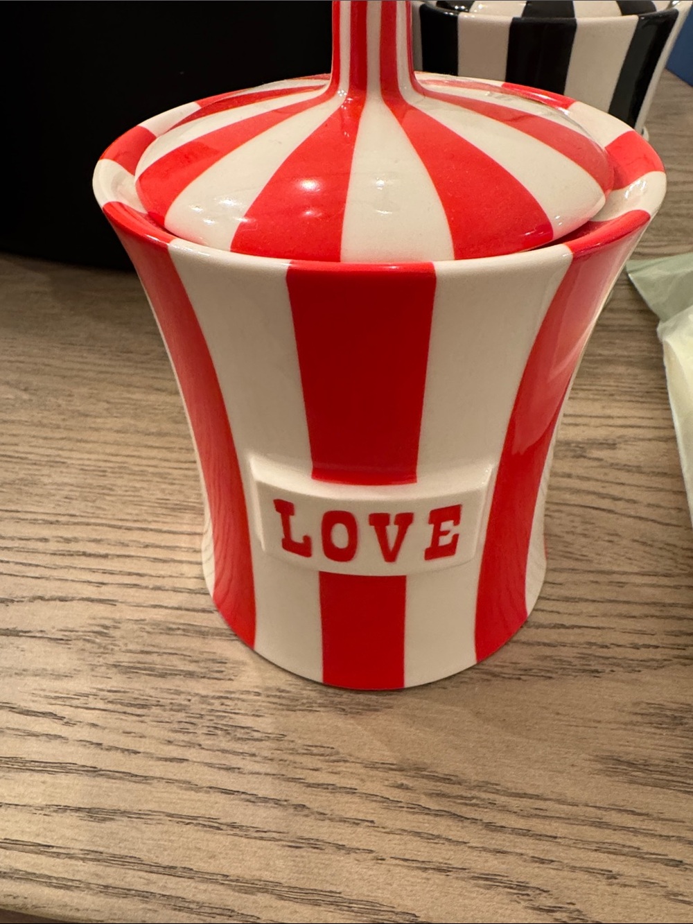 Jonathan Adler Red and White Striped Porcelain Canister - LOVE